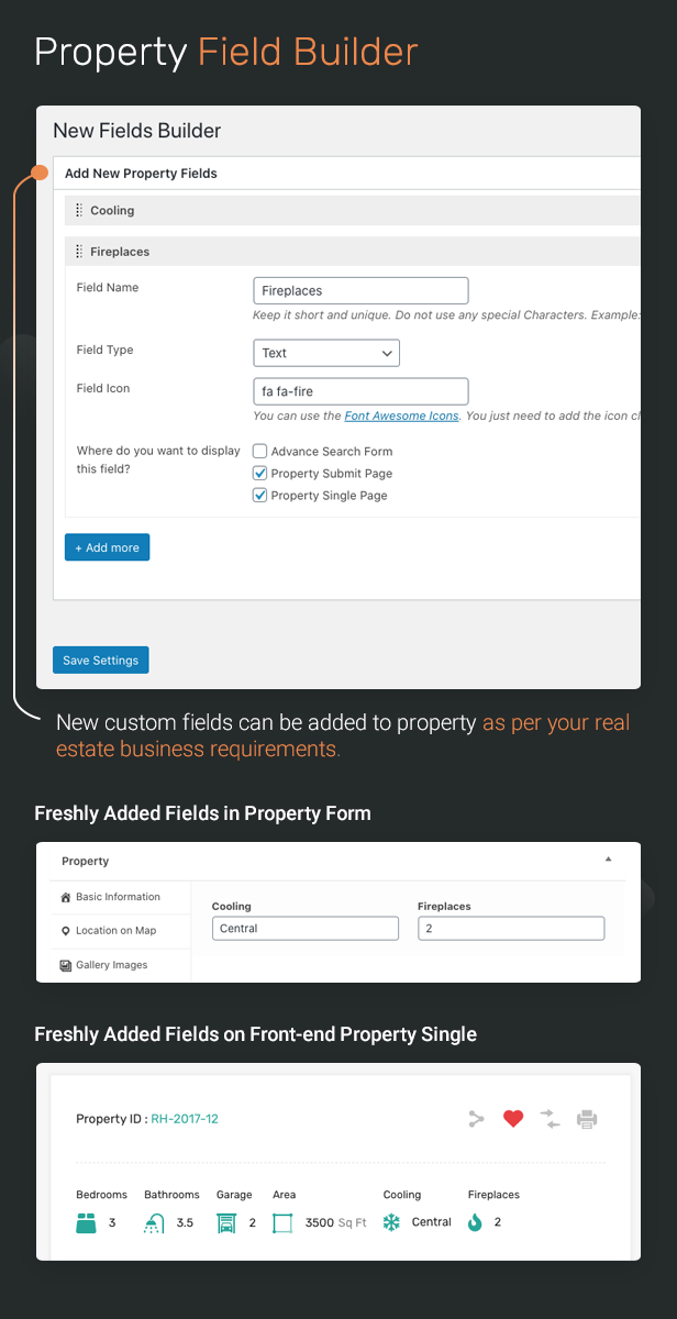 Real Estate Property Field Builder to add custom fields.