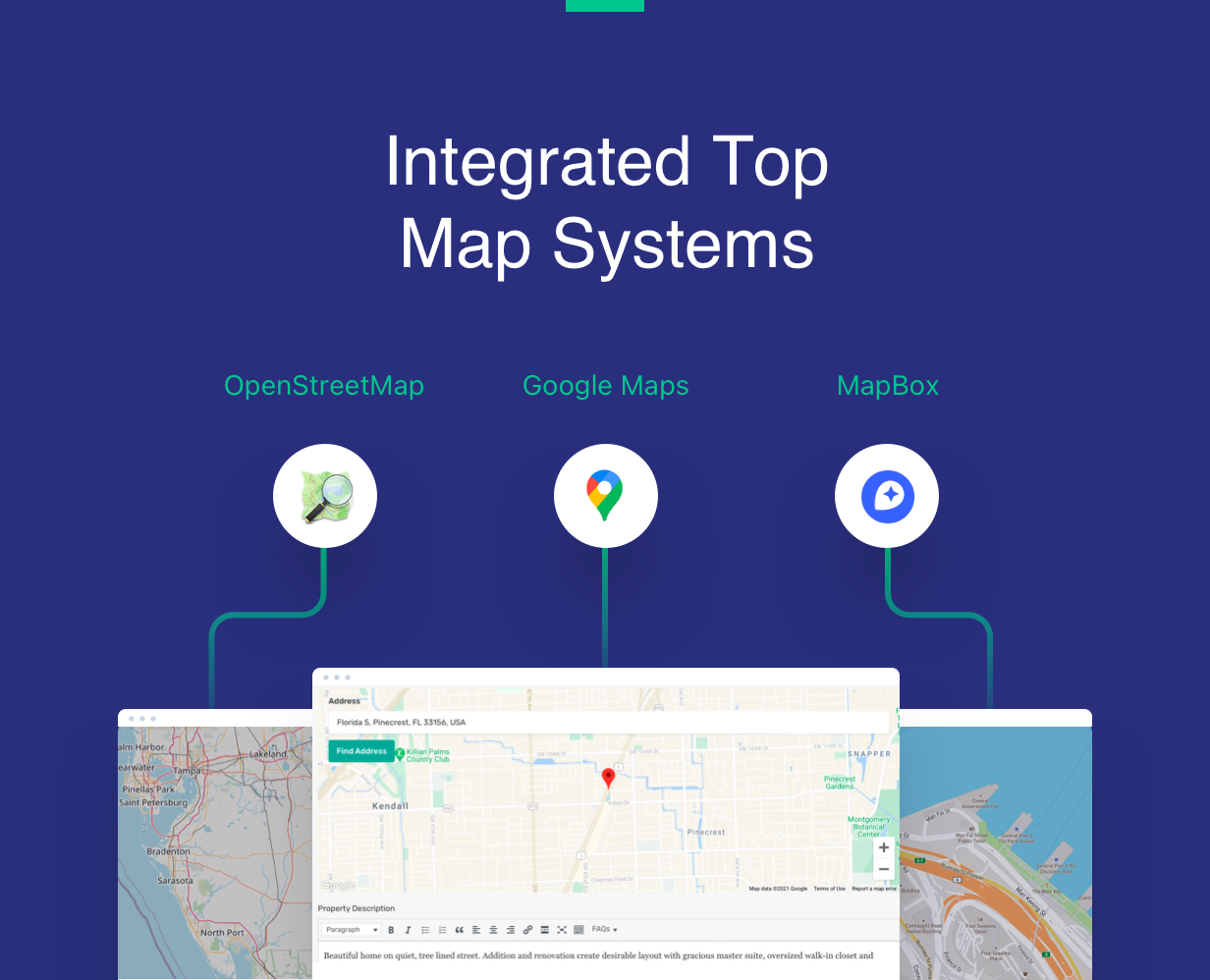 Soporte de Google Maps, MapBox y OpenStreetMap para marcadores de propiedades inmobiliarias